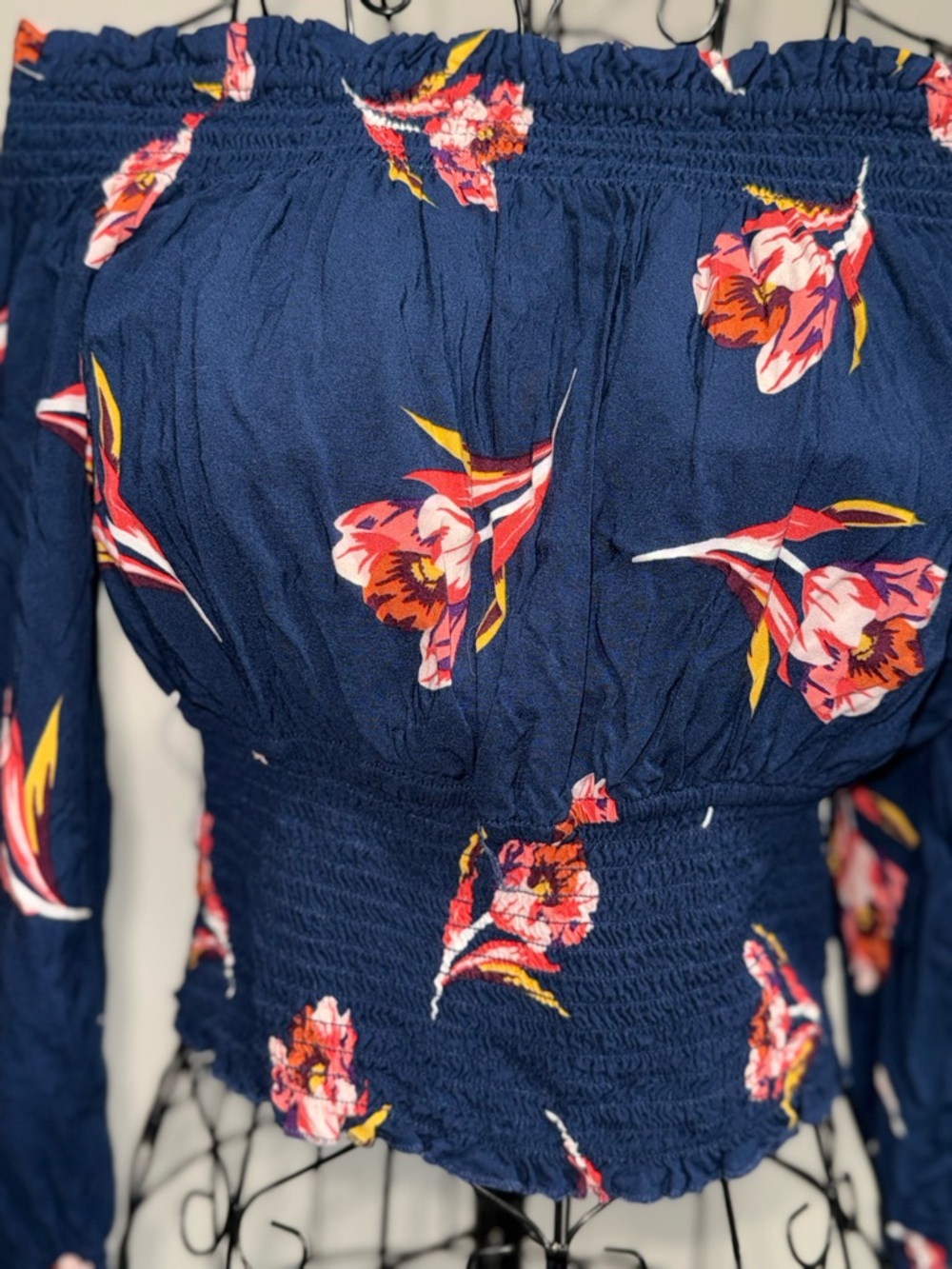 Express Navy Floral Off-Shoulder Smocked Waist Blouse - Picture 11 of 11